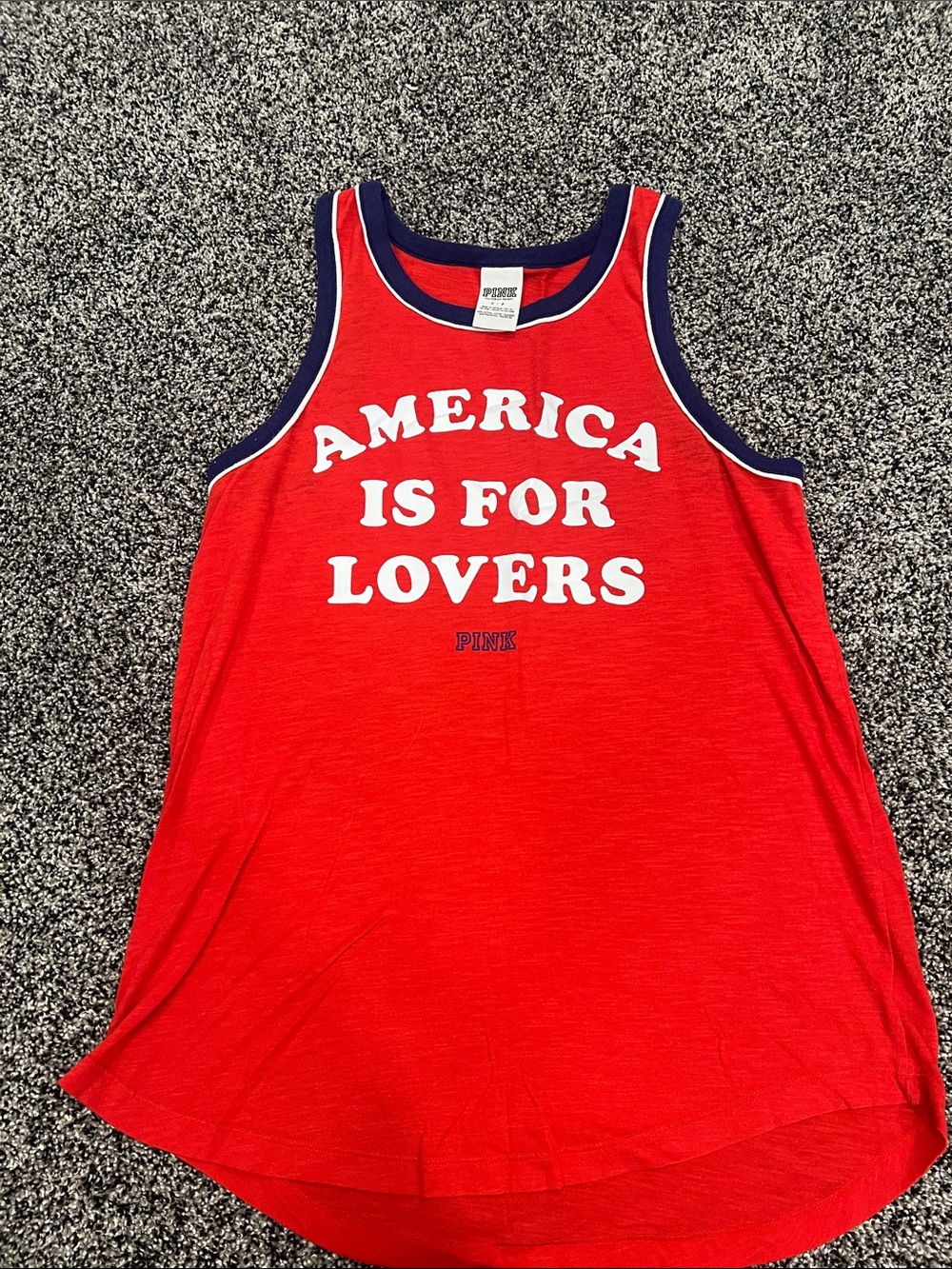 PINK Victoria's Secret Red Tank Top with Navy Trim and White Text